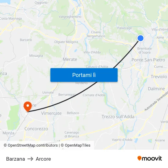 Barzana to Arcore map