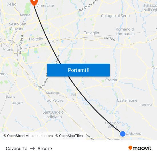 Cavacurta to Arcore map