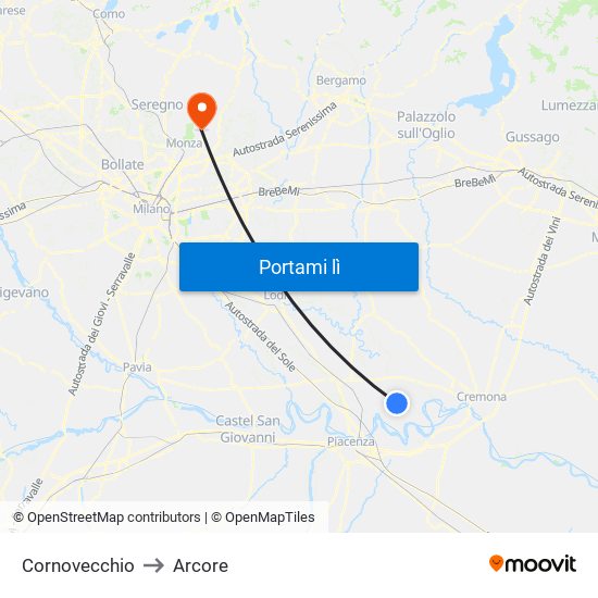 Cornovecchio to Arcore map