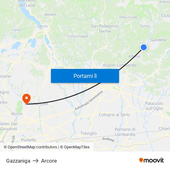 Gazzaniga to Arcore map