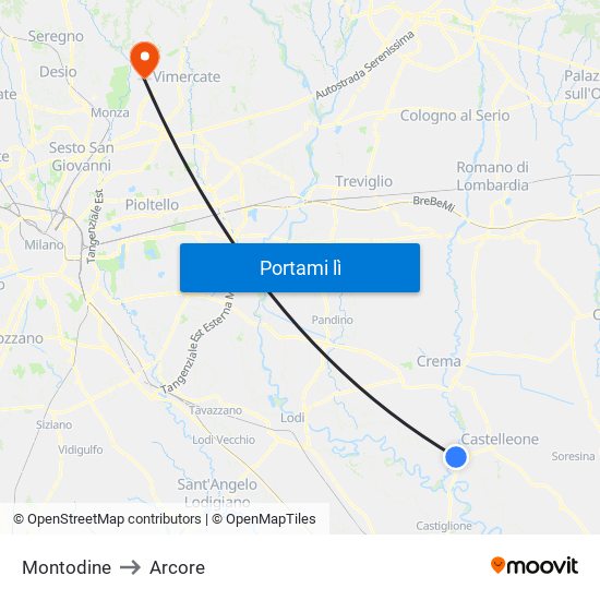 Montodine to Arcore map