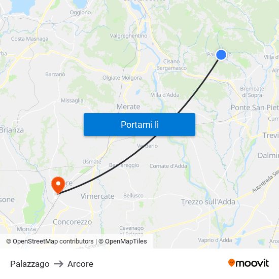 Palazzago to Arcore map