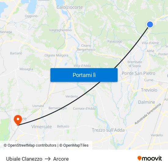 Ubiale Clanezzo to Arcore map