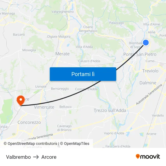 Valbrembo to Arcore map