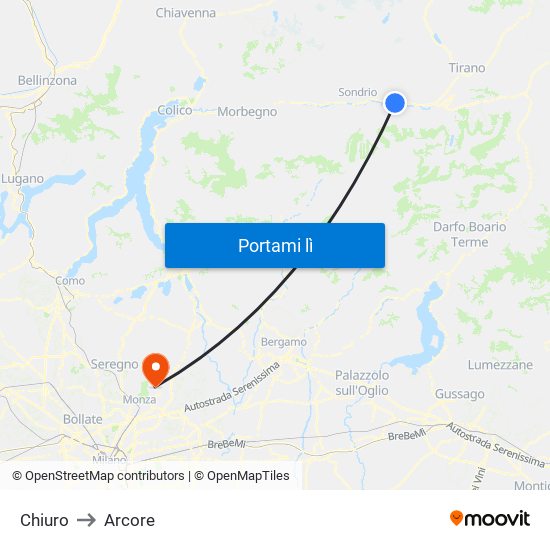 Chiuro to Arcore map