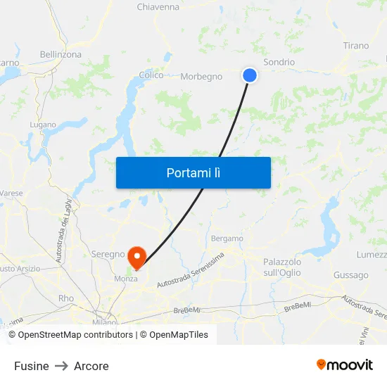 Fusine to Arcore map
