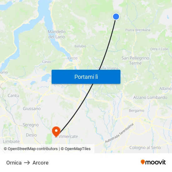 Ornica to Arcore map