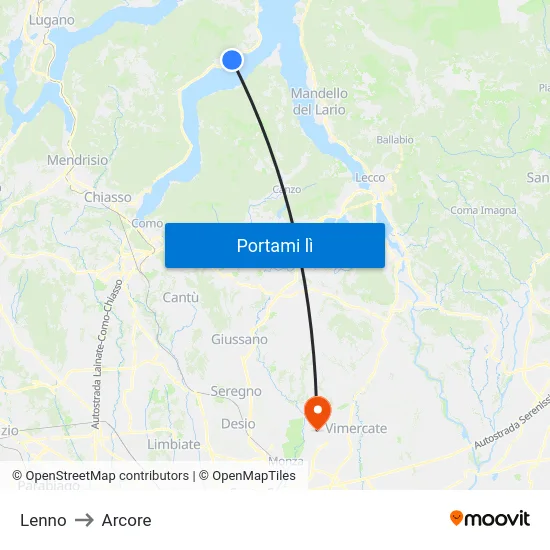 Lenno to Arcore map