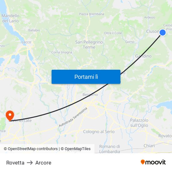 Rovetta to Arcore map