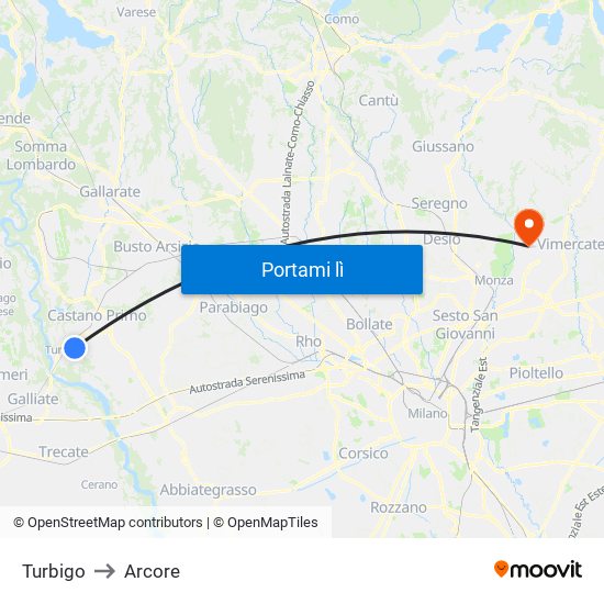 Turbigo to Arcore map