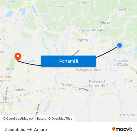 Zandobbio to Arcore map