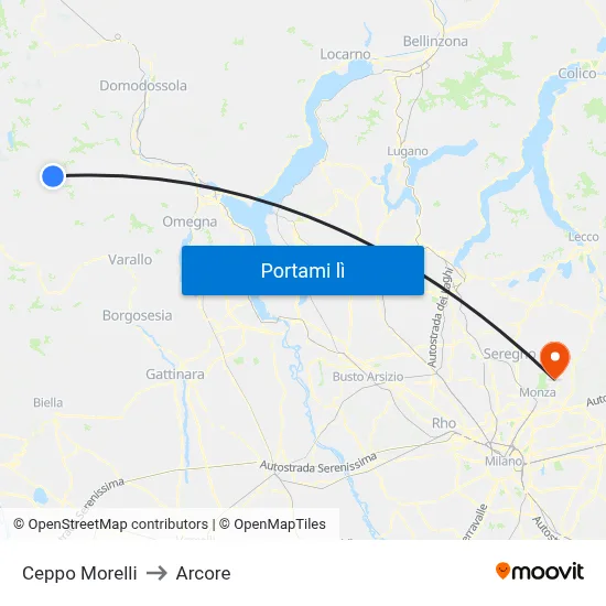 Ceppo Morelli to Arcore map