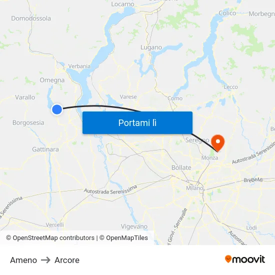 Ameno to Arcore map
