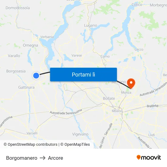 Borgomanero to Arcore map