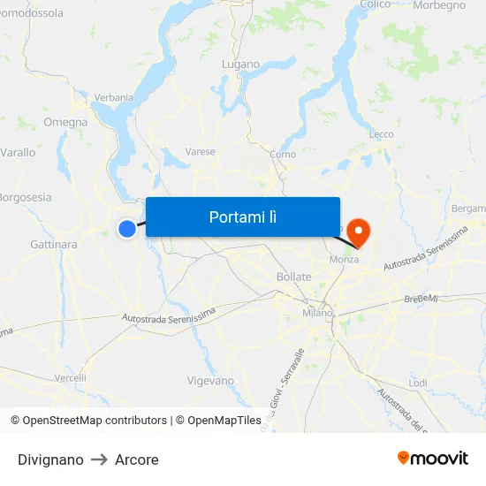 Divignano to Arcore map