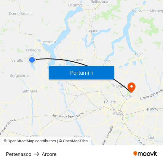 Pettenasco to Arcore map