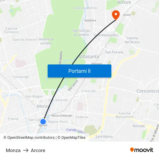 Monza to Arcore map