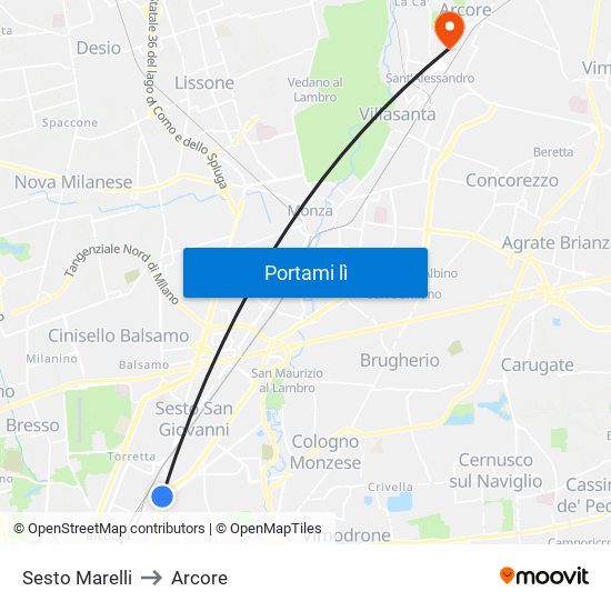 Sesto Marelli to Arcore map