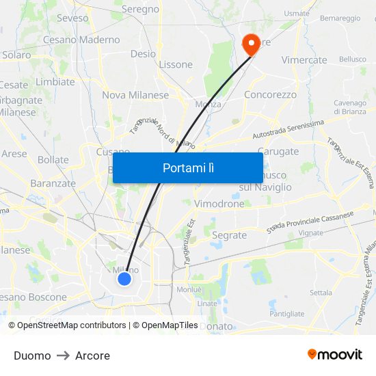Duomo to Arcore map