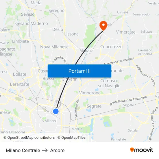 Milano Centrale to Arcore map