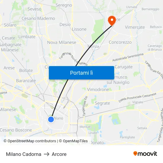 Milano Cadorna to Arcore map