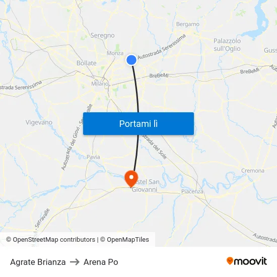 Agrate Brianza to Arena Po map