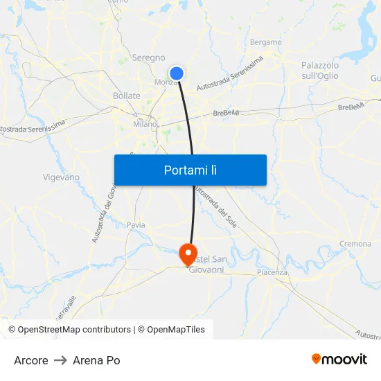 Arcore to Arena Po map