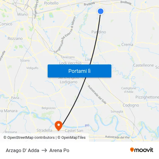 Arzago D' Adda to Arena Po map