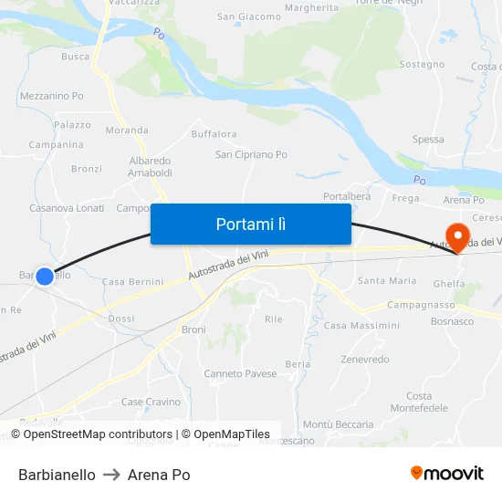 Barbianello to Arena Po map