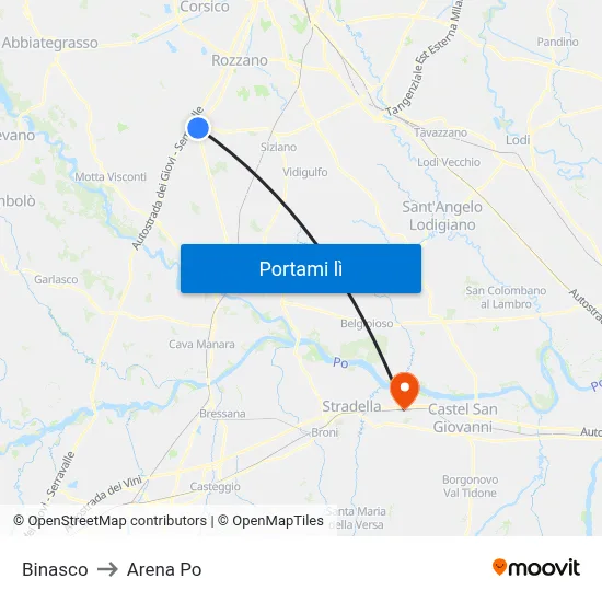 Binasco to Arena Po map