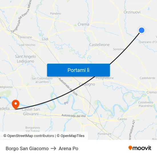 Borgo San Giacomo to Arena Po map