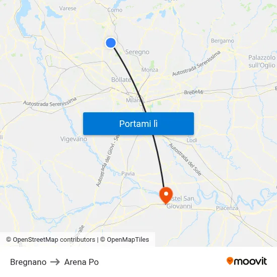 Bregnano to Arena Po map