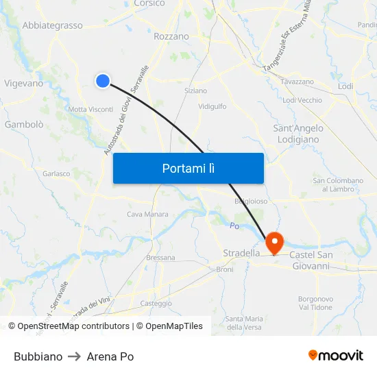 Bubbiano to Arena Po map