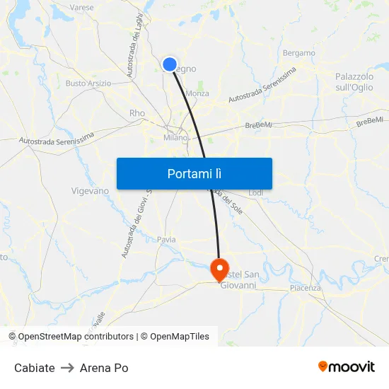 Cabiate to Arena Po map
