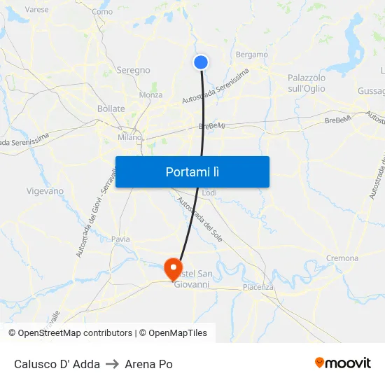 Calusco D' Adda to Arena Po map