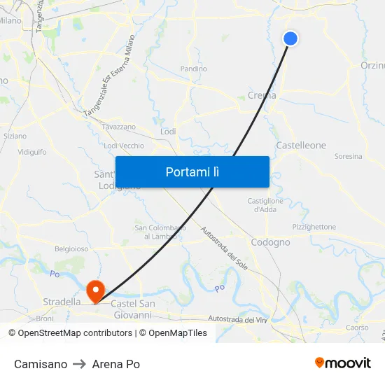 Camisano to Arena Po map