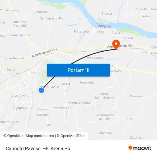 Canneto Pavese to Arena Po map