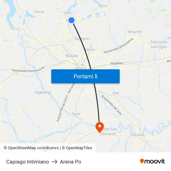 Capiago Intimiano to Arena Po map