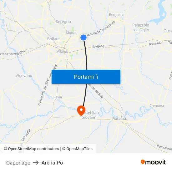 Caponago to Arena Po map