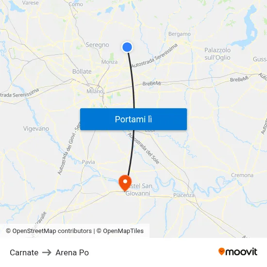 Carnate to Arena Po map