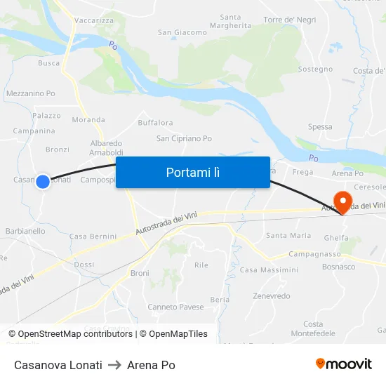Casanova Lonati to Arena Po map