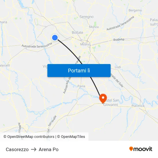 Casorezzo to Arena Po map