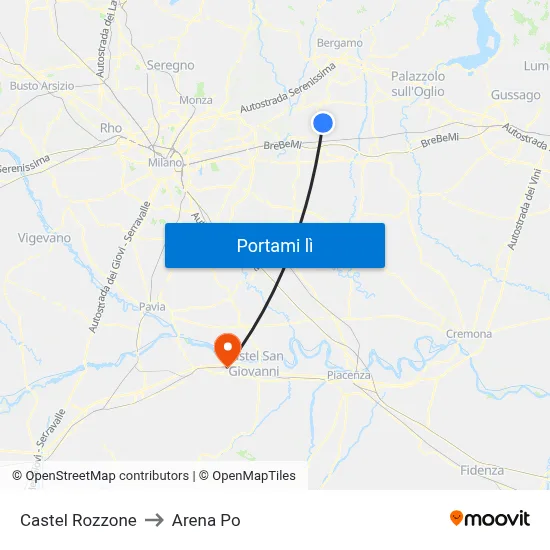 Castel Rozzone to Arena Po map