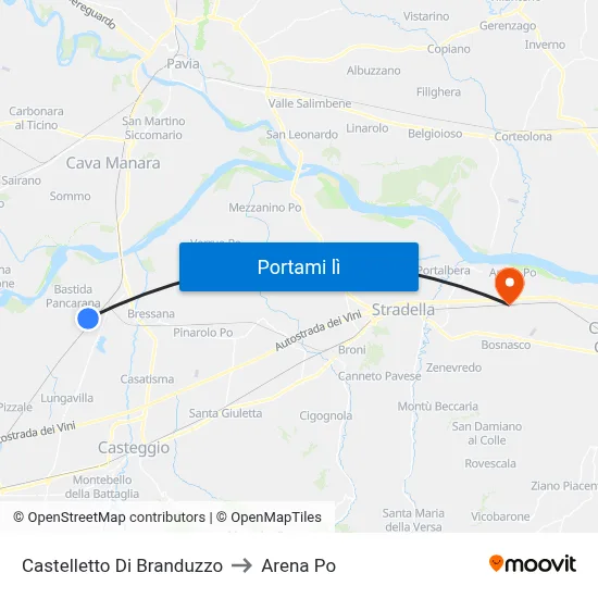 Castelletto Di Branduzzo to Arena Po map
