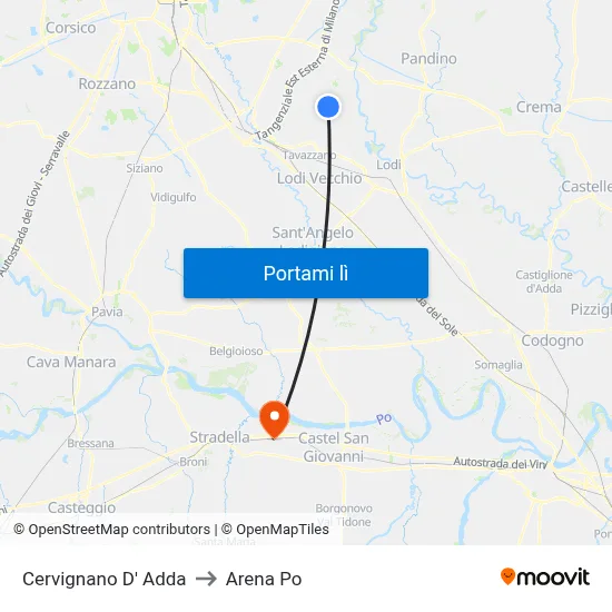 Cervignano D' Adda to Arena Po map