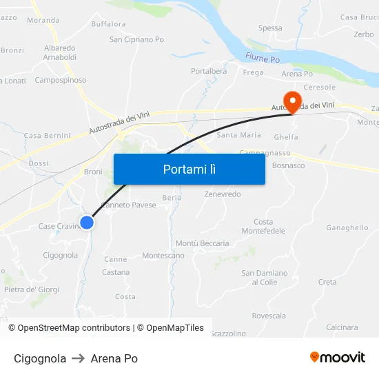 Cigognola to Arena Po map
