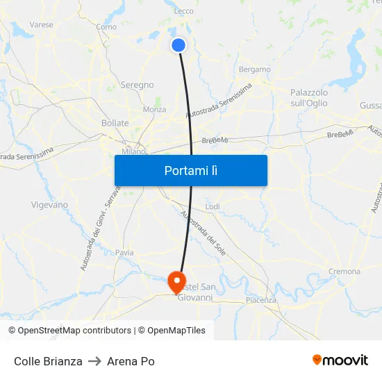 Colle Brianza to Arena Po map