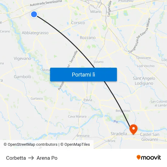 Corbetta to Arena Po map