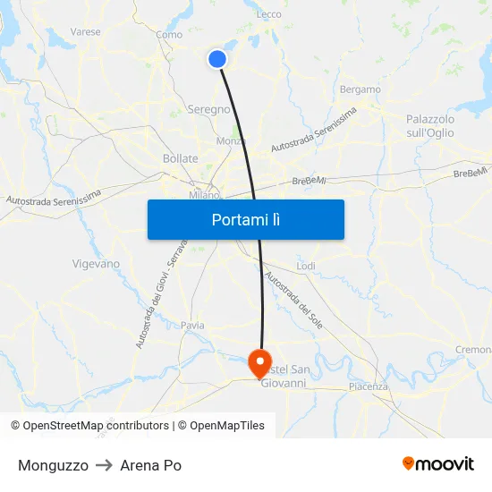 Monguzzo to Arena Po map