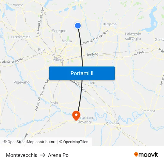 Montevecchia to Arena Po map